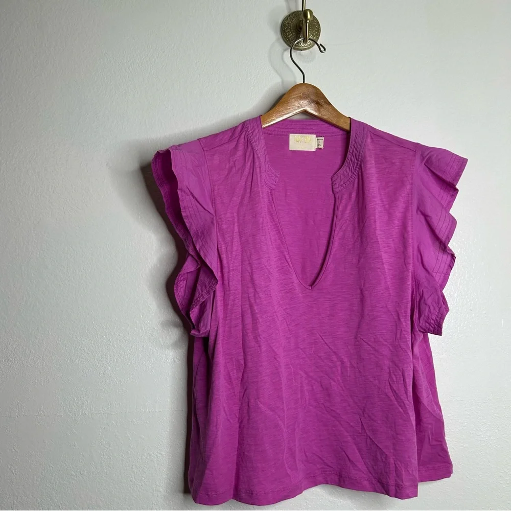 Nation LTD 100% Pima Cotton Flutter Sleeve V - Neck Blouse